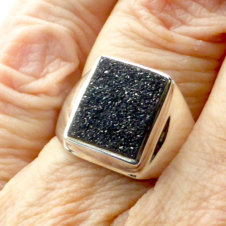 Druzy Black Onyx Ring | 925 Sterling Silver Setting | US Size 8 | AUS Size P1/2 | Empowering and protective  with tiny Quartz Crystal Sparkling like Stars in the Night Sky | Dazzling | Genuine Gems from Crystal Heart Melbourne Australia since 1986