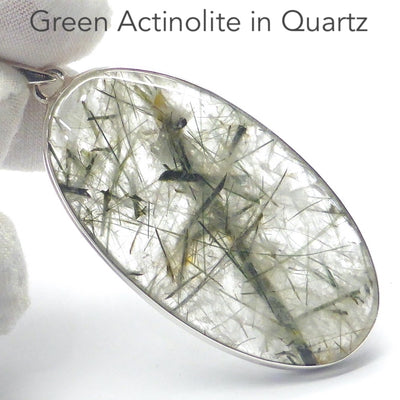 Green Actinolite in Clear Quartz Pendant | Large Oval Cabochon | Bezel Set | Open Back | 925 Sterling Silver | Protective | Self Esteem | Direction | Genuine Gems from Crystal Heart Melbourne Australia since 1986