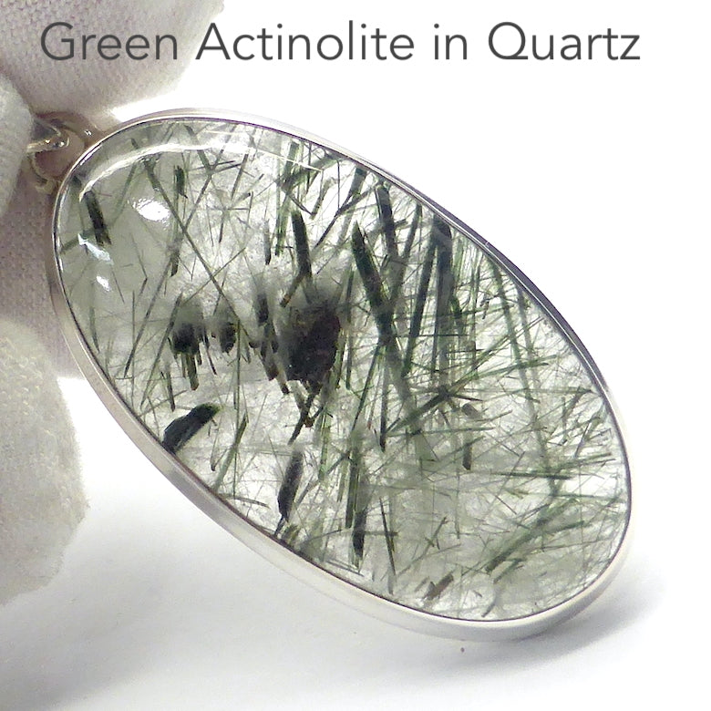 Green Actinolite in Clear Quartz Pendant | Large Oval Cabochon | Bezel Set | Open Back | 925 Sterling Silver | Protective | Self Esteem | Direction | Genuine Gems from Crystal Heart Melbourne Australia since 1986