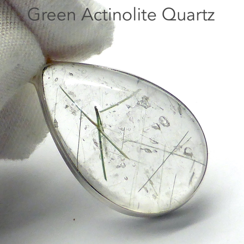 Green Actinolite in Very Clear Quartz Pendant | Teardrop Cabochon | Bezel Set | Open Back | 925 Sterling Silver | Protective | Self Esteem | Direction | Genuine Gems from Crystal Heart Melbourne Australia since 1986