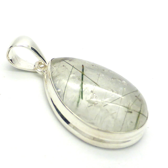 Green Actinolite in Very Clear Quartz Pendant | Teardrop Cabochon | Bezel Set | Open Back | 925 Sterling Silver | Protective | Self Esteem | Direction | Genuine Gems from Crystal Heart Melbourne Australia since 1986