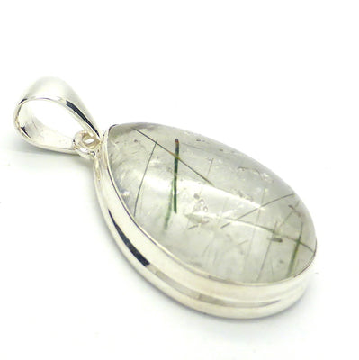 Green Actinolite in Very Clear Quartz Pendant | Teardrop Cabochon | Bezel Set | Open Back | 925 Sterling Silver | Protective | Self Esteem | Direction | Genuine Gems from Crystal Heart Melbourne Australia since 1986