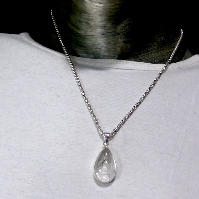 Green Actinolite in Very Clear Quartz Pendant | Teardrop Cabochon | Bezel Set | Open Back | 925 Sterling Silver | Protective | Self Esteem | Direction | Genuine Gems from Crystal Heart Melbourne Australia since 1986