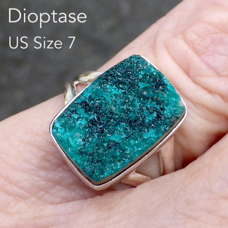 Dioptase Ring, Oblong Druzy Crystals, 925 Silver r2