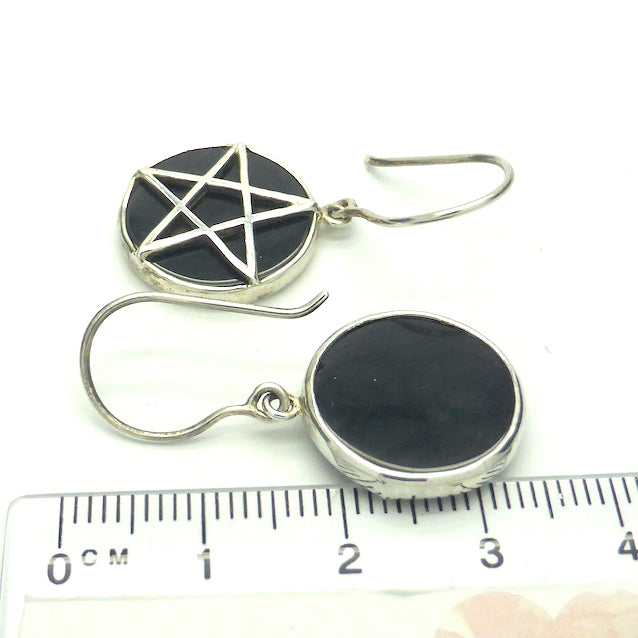 Pentacle on Black Onyx Earrings, 925 Sterling Silver