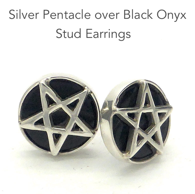 Silver Pentacle on Black Onyx Disc | Stud Earrings | 925 Sterling Silver | Wisdom Protection | Harmony & Power | Crystal Heart Melbourne Australia since 1986