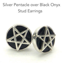 Load image into Gallery viewer, Silver Pentacle on Black Onyx Disc | Stud Earrings | 925 Sterling Silver | Wisdom Protection | Harmony &amp; Power | Crystal Heart Melbourne Australia since 1986