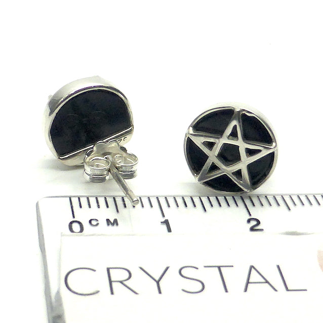 Silver Pentacle on Black Onyx Disc | Stud Earrings | 925 Sterling Silver | Wisdom Protection | Harmony & Power | Crystal Heart Melbourne Australia since 1986