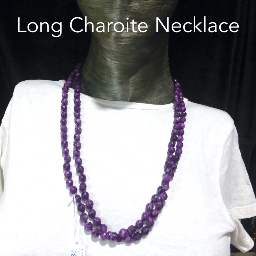 Charoite Double length Necklace  | 8 mm Faceted Beads, knotted between  | 130 cms long | Spiritual Courage and support | Genuine Gems from Crystal Heart Melbourne Australia since 1986