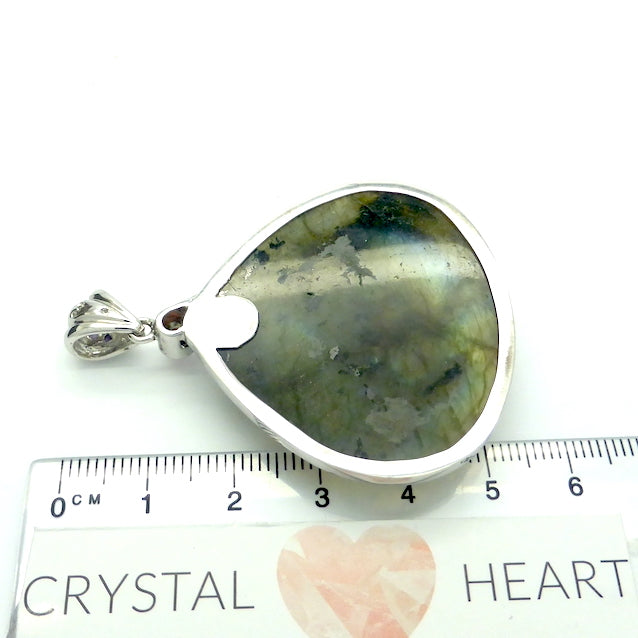 Labradorite Pendant | Large Cabochon | Faced Amethyst and Garnet rounds in the detailed bail | Green and Gold Flashes |  Genuine Gems from Crystal Heart Melbourne Australia since 1986