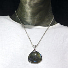 Load image into Gallery viewer, Labradorite Pendant | Large Cabochon | Faced Amethyst and Garnet rounds in the detailed bail | Green and Gold Flashes |  Genuine Gems from Crystal Heart Melbourne Australia since 1986