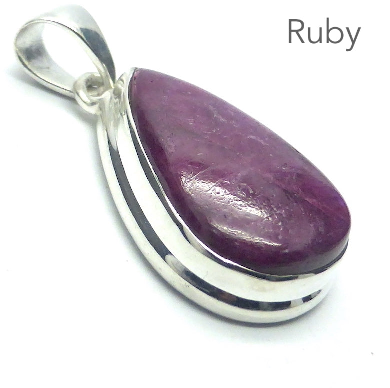 Ruby Pendant | Teardrop Cabochon | 925 Sterling Silver  | Strong Stepped Bezel Setting | Pinkish Red | Lion Heart | Genuine Gems from Crystal Heart Melbourne Australia since 1986