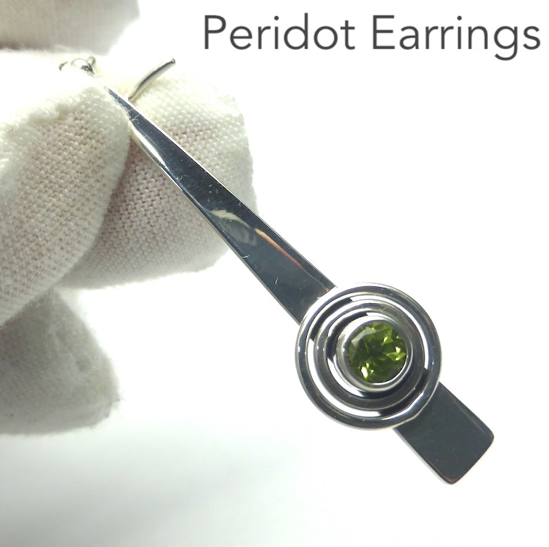 Peridot Gemstone Earrings | Faceted Round on long Silver Shaft | 925 Sterling Silver | Dangling but light weight | Genuine Gems from Crystal Heart Melbourne Australia since 1986