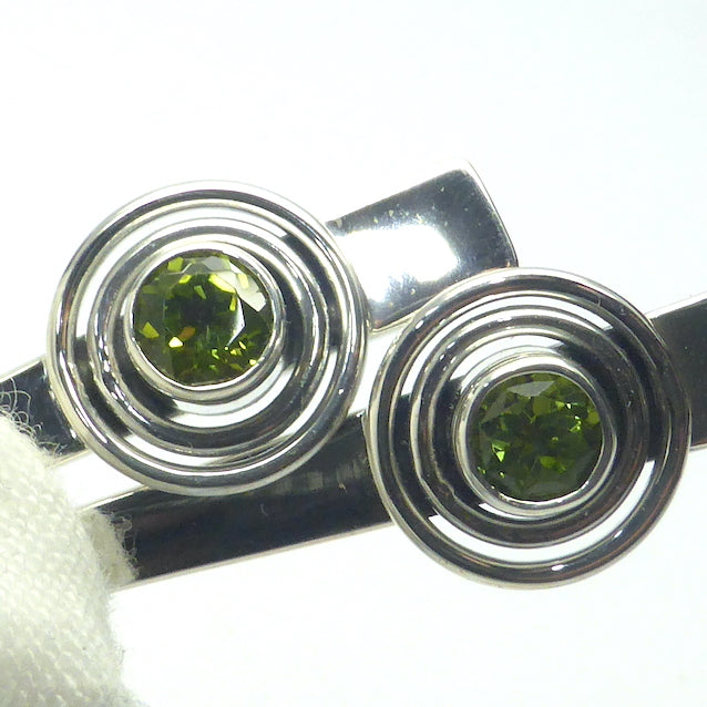 Peridot Gemstone Earrings | Faceted Round on long Silver Shaft | 925 Sterling Silver | Dangling but light weight | Genuine Gems from Crystal Heart Melbourne Australia since 1986