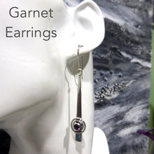 Load image into Gallery viewer, Rhodolite Garnet Gemstone Earrings | Faceted Round on long Silver Shaft | 925 Sterling Silver | Dangling but light weight | Genuine Gems from Crystal Heart Melbourne Australia since 1986