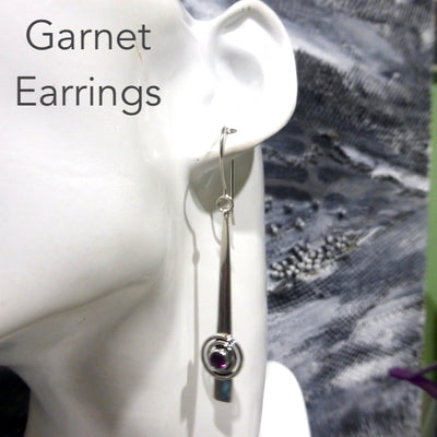 Rhodolite Garnet Gemstone Earrings | Faceted Round on long Silver Shaft | 925 Sterling Silver | Dangling but light weight | Genuine Gems from Crystal Heart Melbourne Australia since 1986