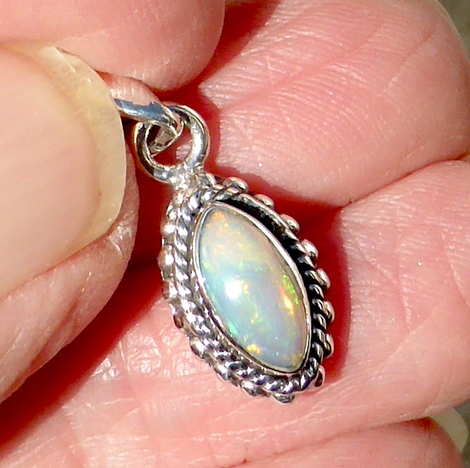 Ethiopian Solid Opal Pendant | Small Marquis Cabochon | Green & Red Flash | 925 Silver | Bezel Setting with 3 layers of ornamentation surrounding | Open Back | Genuine Gems from Crystal Heart Australia since 1986