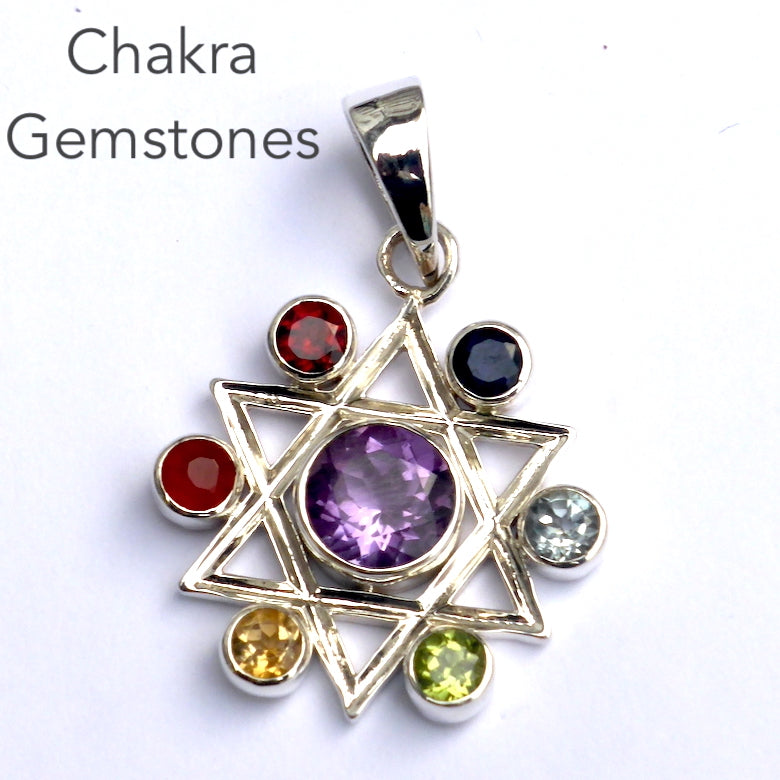 Chakra Pendant | Seven Faceted Gemstones set vertically | Amethyst, Carnelian, Garnet, Iolite, Peridot, Citrine, Blue Topaz | Well Made 925 Sterling Silver | Star of David | Genuine Gems from Crystal Heart Melbourne Australia since 1986