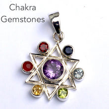 Load image into Gallery viewer, Chakra Pendant | Seven Faceted Gemstones set vertically | Amethyst, Carnelian, Garnet, Iolite, Peridot, Citrine, Blue Topaz | Well Made 925 Sterling Silver | Star of David | Genuine Gems from Crystal Heart Melbourne Australia since 1986