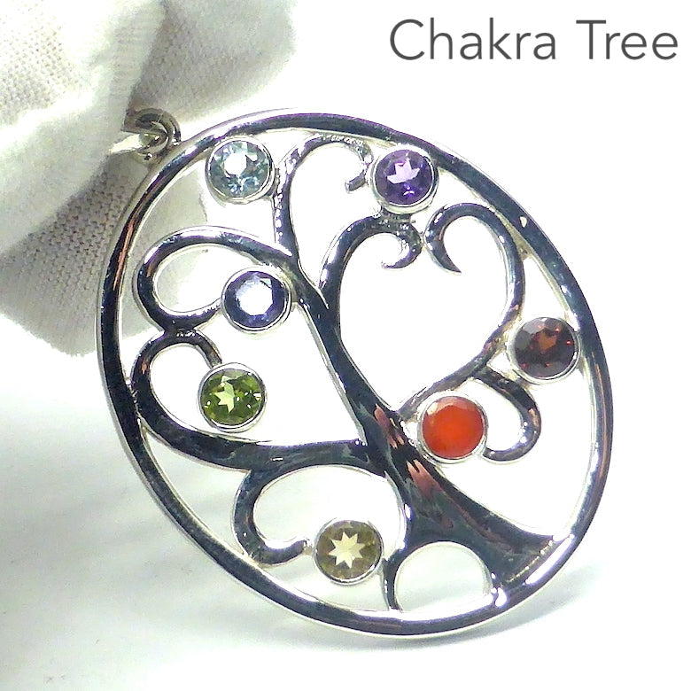 Chakra Gemstone Pendant, Stylised Tree of Life | 925 Sterling Silver | Faceted Round Stones | Garnet, Carnelian, Citrine, Peridot, Water Sapphire, Blue Topaz and Amethyst | Genuine Gems from Crystal Heart Melbourne Australia since 1986