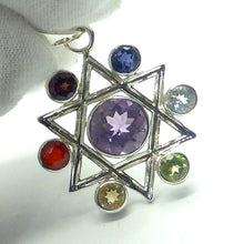 Load image into Gallery viewer, Chakra Pendant | Seven Faceted Gemstones set vertically | Amethyst, Carnelian, Garnet, Iolite, Peridot, Citrine, Blue Topaz | Well Made 925 Sterling Silver | Star of David | Genuine Gems from Crystal Heart Melbourne Australia since 1986