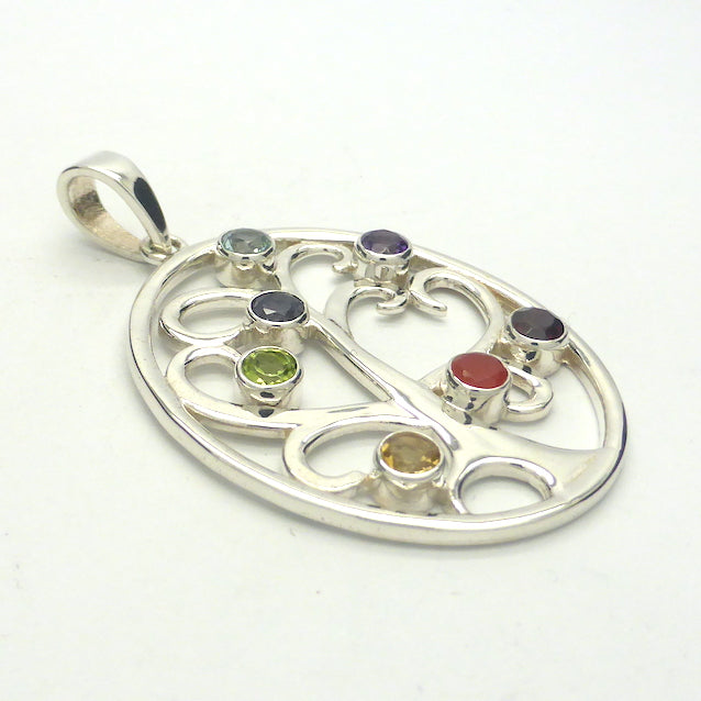 Chakra Gemstone Pendant, Stylised Tree of Life | 925 Sterling Silver | Faceted Round Stones | Garnet, Carnelian, Citrine, Peridot, Water Sapphire, Blue Topaz and Amethyst | Genuine Gems from Crystal Heart Melbourne Australia since 1986