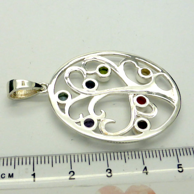 Chakra Gemstone Pendant, Stylised Tree of Life | 925 Sterling Silver | Faceted Round Stones | Garnet, Carnelian, Citrine, Peridot, Water Sapphire, Blue Topaz and Amethyst | Genuine Gems from Crystal Heart Melbourne Australia since 1986