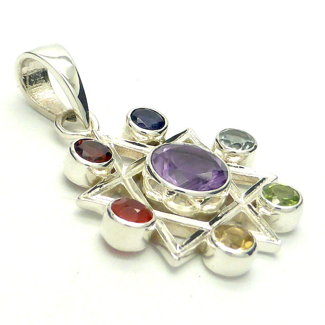 Chakra Pendant | Seven Faceted Gemstones set vertically | Amethyst, Carnelian, Garnet, Iolite, Peridot, Citrine, Blue Topaz | Well Made 925 Sterling Silver | Star of David | Genuine Gems from Crystal Heart Melbourne Australia since 1986