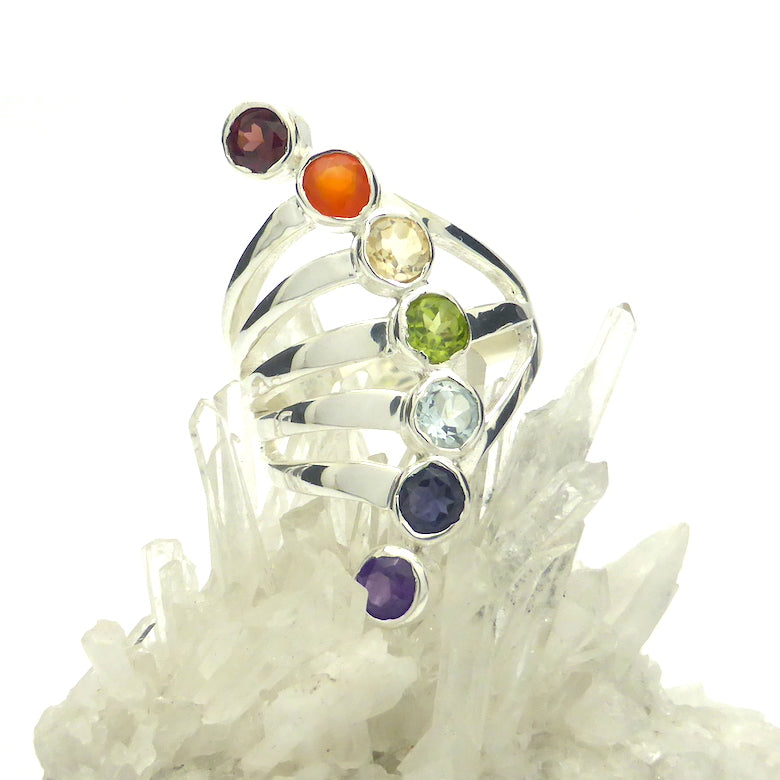 Chakra Rainbow Ring | 7 Faceted Gemstones | Amethyst, Carnelian, Garnet, Iolite, Peridot, Citrine, Blue Topaz | Well Made 925 Sterling Silver | US Ring Sizs 6.25, 7.25, 8.5 or 9 | Harmony & Connection | Meditation | Genuine Gems from Crystal Heart Melbourne Australia since 1986