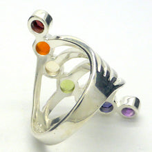 Load image into Gallery viewer, Chakra Rainbow Ring | 7 Faceted Gemstones | Amethyst, Carnelian, Garnet, Iolite, Peridot, Citrine, Blue Topaz | Well Made 925 Sterling Silver | US Ring Sizs 6.25, 7.25, 8.5 or 9 | Harmony &amp; Connection | Meditation | Genuine Gems from Crystal Heart Melbourne Australia since 1986