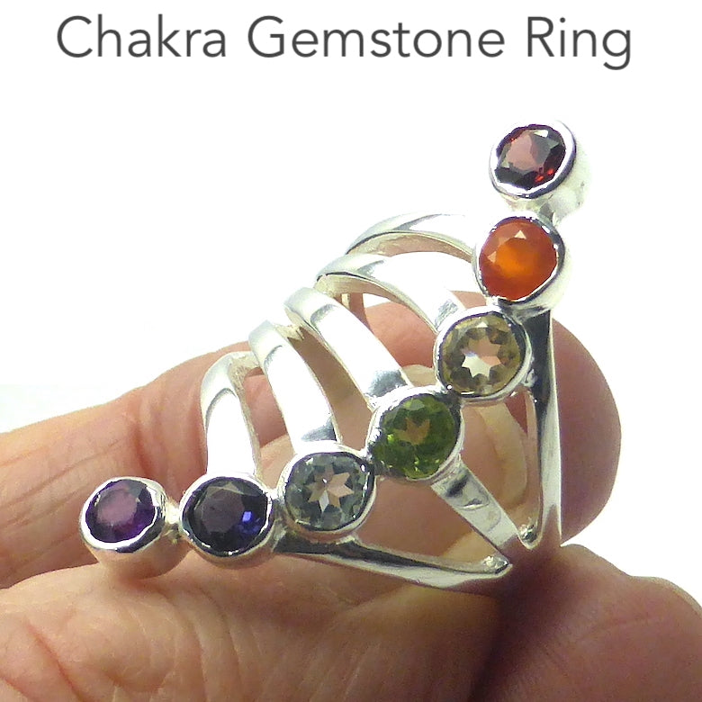 Chakra Rainbow Ring | 7 Faceted Gemstones | Amethyst, Carnelian, Garnet, Iolite, Peridot, Citrine, Blue Topaz | Well Made 925 Sterling Silver | US Ring Sizs 6.25, 7.25, 8.5 or 9 | Harmony & Connection | Meditation | Genuine Gems from Crystal Heart Melbourne Australia since 1986