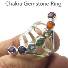 Load image into Gallery viewer, Chakra Rainbow Ring | 7 Faceted Gemstones | Amethyst, Carnelian, Garnet, Iolite, Peridot, Citrine, Blue Topaz | Well Made 925 Sterling Silver | US Ring Sizs 6.25, 7.25, 8.5 or 9 | Harmony &amp; Connection | Meditation | Genuine Gems from Crystal Heart Melbourne Australia since 1986