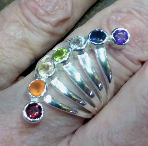 Chakra Rainbow Ring | 7 Faceted Gemstones | Amethyst, Carnelian, Garnet, Iolite, Peridot, Citrine, Blue Topaz | Well Made 925 Sterling Silver | US Ring Sizs 6.25, 7.25, 8.5 or 9 | Harmony & Connection | Meditation | Genuine Gems from Crystal Heart Melbourne Australia since 1986