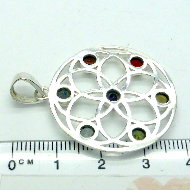 Chakra Pendant | Seven Faceted Gemstones set in Seed of Life Symbol | Amethyst, Carnelian, Garnet, Iolite, Peridot, Citrine, Blue Topaz | Well Made 925 Sterling Silver | Harmonic Interconnection with all that is | Genuine Gems from Crystal Heart Melbourne Australia since 1986