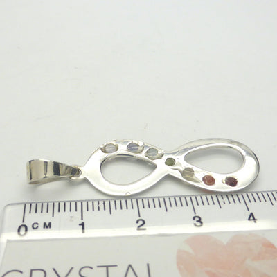 Pendant with Chakra Gemstones Stones | 925 Sterling Silver | Set in Silver Figute of Eight | Infinity | Eternity | Garnet, Carnelian, Citrine, Peridot, Water Sapphire, Amethyst and Rainbow Moonstone | Genuine Gems from Crystal Heart Melbourne Australia since 1986