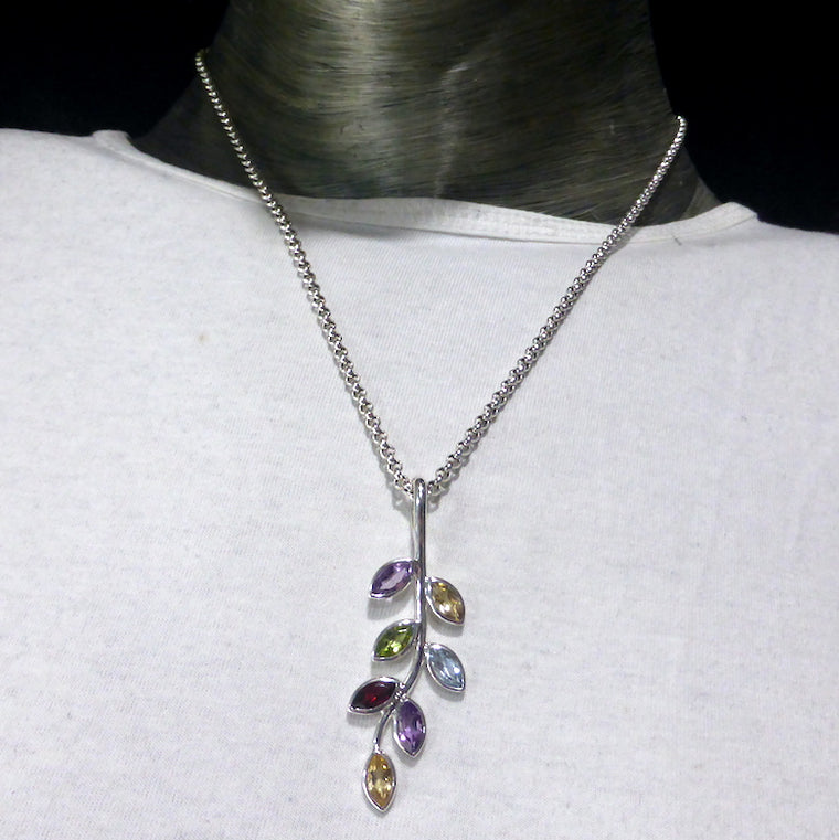 Nature Leaf Pendant, Seven Gemstones, 925 Silver, g1