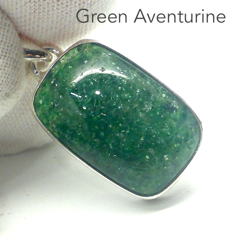 Green Aventurine Healing Crystal Pendant | Sparking Dark Green Oblong Cabochon | 925 Sterling Silver bezel setting | open back | The All Round Healer | Plexus and Physical Heart | Natural breathing and all the health benefits accruing from that | Genuine Gems from Crystal Heart Melbourne Australia since 1986