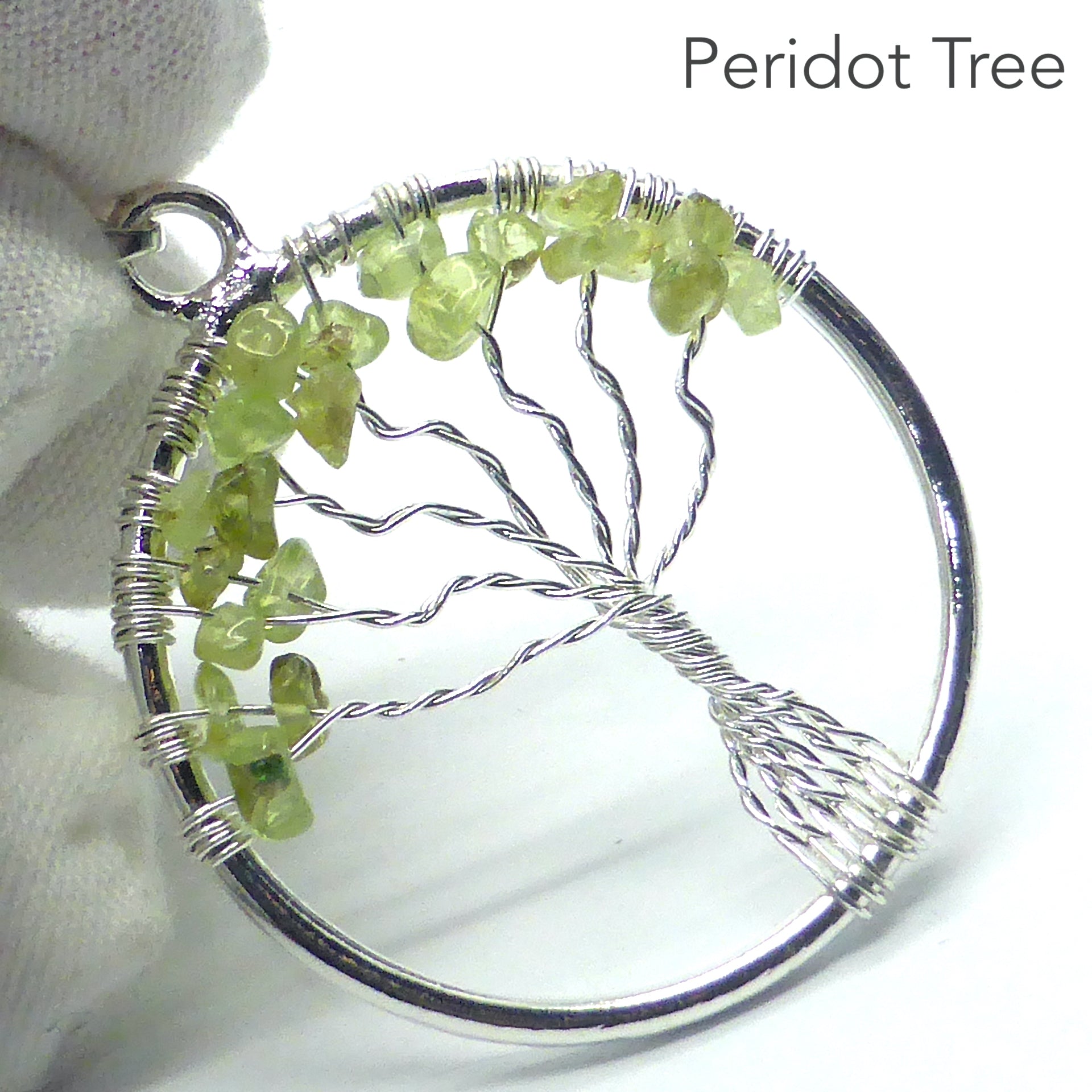 Tree Pendant Peridot Gemstone chips silver plated wire – Crystal