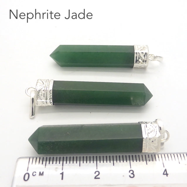 Nephrite Jade  Pendant | Single Point | Silver Plated white metal | Health Prosperity Elegance |  Genuine Gems from Crystal Heart Melbourne Australia since 1986 