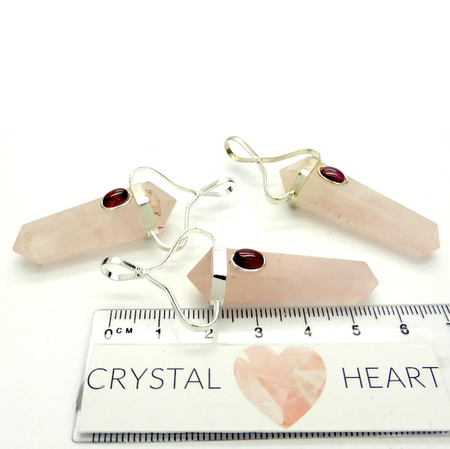 Rose Quartz Pendant | Double Terminated | Garnet Accent | Silver Plated white metal | Love and Passion | Genuine Gems from Crystal Heart Melbourne Australia since 1986 