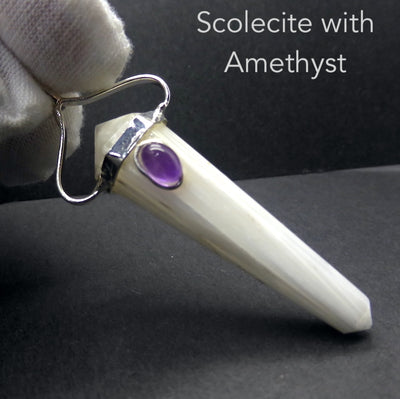 Scolecite Crystal Pendant | Amethyst Cabochon | Double Terminated | Silver Plated white metal | Angelic Energy | Genuine Gems from Crystal Heart Melbourne Australia since 1986 