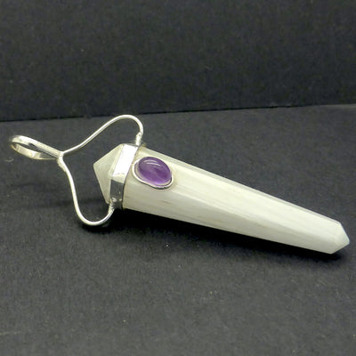 Scolecite Crystal Pendant | Amethyst Cabochon | Double Terminated | Silver Plated white metal | Angelic Energy | Genuine Gems from Crystal Heart Melbourne Australia since 1986 