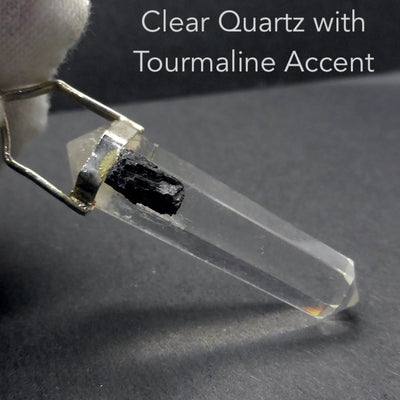 Clear Quartz Crystal Pendant | Raw Black Tourmaline Accent | Double Terminated | Silver Plated white metal | bridge Higher  and Physical Consciousness | Genuine Gems from Crystal Heart Melbourne Australia since 1986 