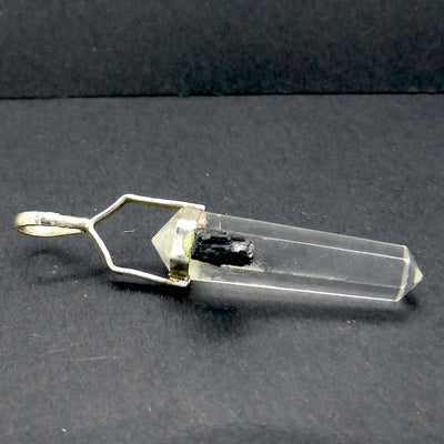 Clear Quartz Crystal Pendant | Raw Black Tourmaline Accent | Double Terminated | Silver Plated white metal | bridge Higher  and Physical Consciousness | Genuine Gems from Crystal Heart Melbourne Australia since 1986 