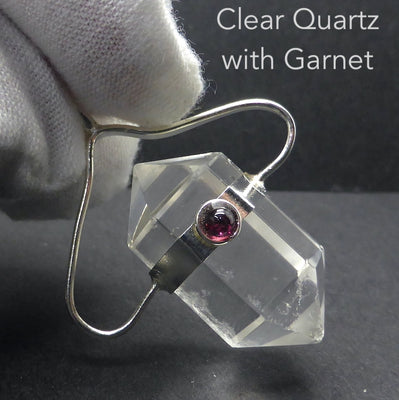 Clear Quartz Crystal Pendant | Garnet Accent | Double Terminated | Silver Plated white metal | bridge Higher and Human Consciousness | Genuine Gems from Crystal Heart Melbourne Australia since 1986 