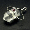 Clear Quartz Crystal Pendant | Garnet Accent | Double Terminated | Silver Plated white metal | bridge Higher and Human Consciousness | Genuine Gems from Crystal Heart Melbourne Australia since 1986 
