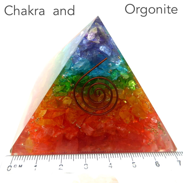 Orgonite Pyramid Chakra Coloured Quartz Chips | Clear Crystal Point conduit in Copper Spiral | Accumulate Orgone Energy | Balance and Energise whole system | Crystal Heart Melbourne Australia since 1986