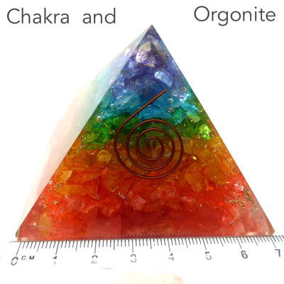 Orgonite Pyramid Chakra Coloured Quartz Chips | Clear Crystal Point conduit in Copper Spiral | Accumulate Orgone Energy | Balance and Energise whole system | Crystal Heart Melbourne Australia since 1986