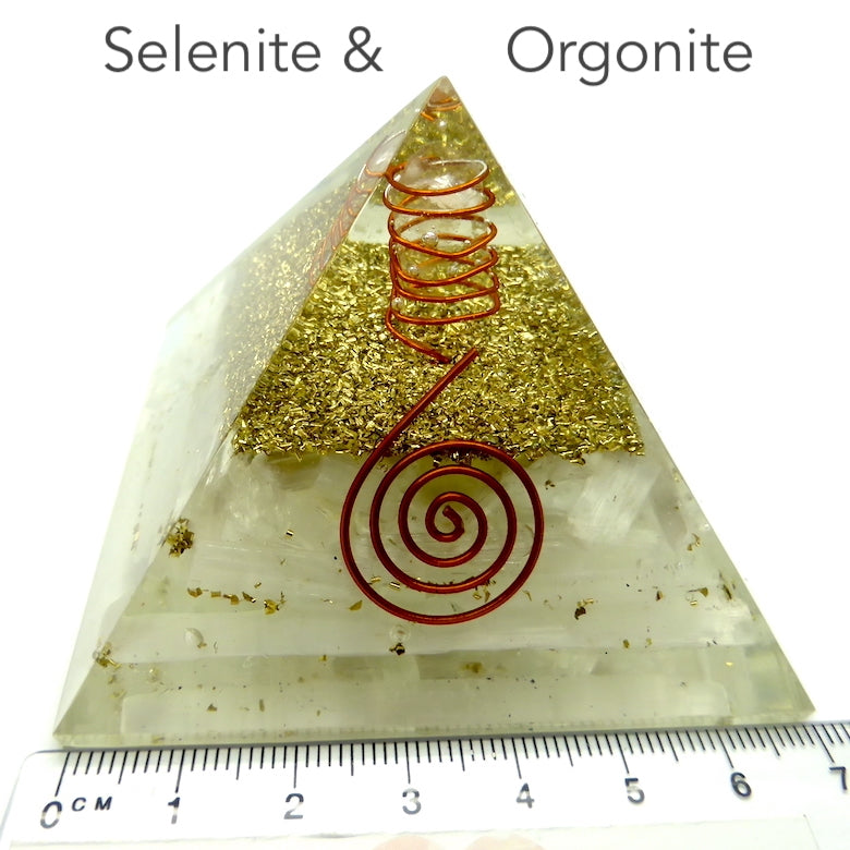 Orgone or Orgonite Pyramid with Selenite | Clear Crystal Conduit | Access & communicate with higher Energies | Attract Orgone Energy | Genuine Gems from Crystal Heart Melbourne Australia since 1986