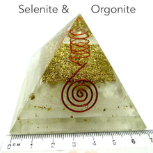Load image into Gallery viewer, Orgone or Orgonite Pyramid with Selenite | Clear Crystal Conduit | Access &amp; communicate with higher Energies | Attract Orgone Energy | Genuine Gems from Crystal Heart Melbourne Australia since 1986